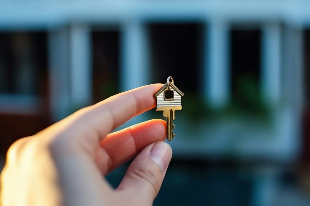 Person holding a house-shaped key, symbolizing the ownership of a new home in the real estate market